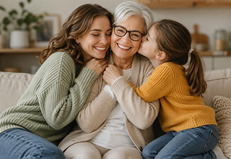 A warm family hug on the couch