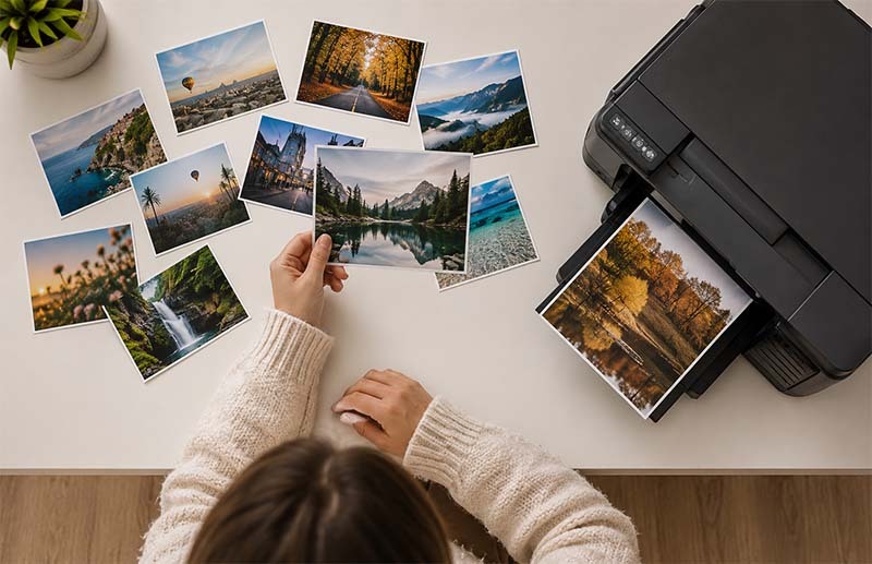 Arranging prints in a cozy workspace