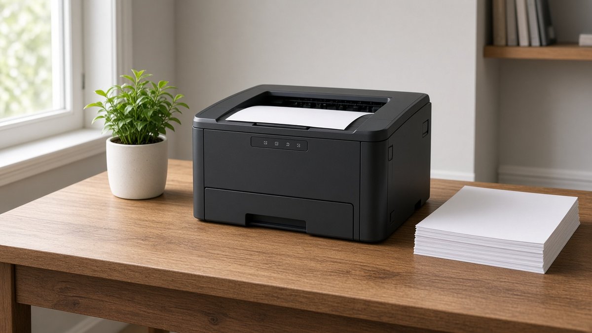 Compact black-and-white laser printer on a tidy wooden home office desk next to a plant and a stack of paper