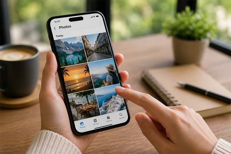 Browsing travel memories on a cozy desk