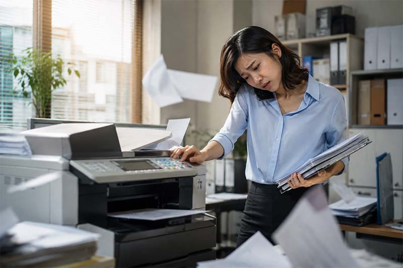 Chaotic office with printer trouble