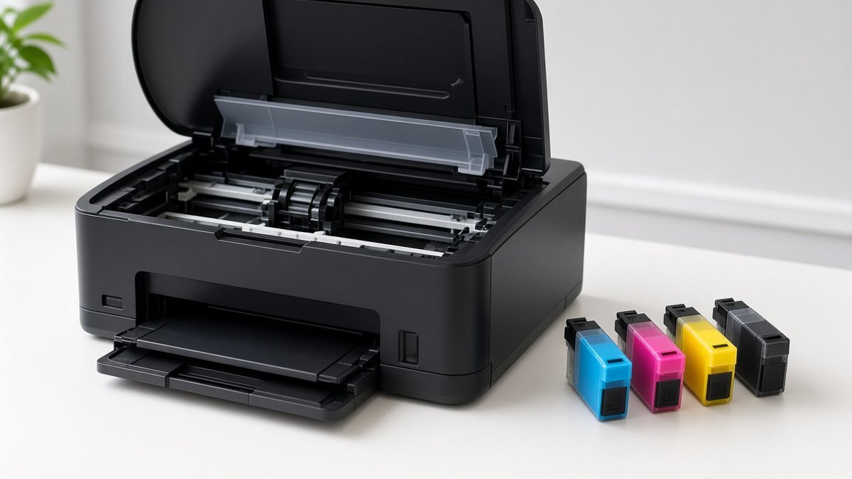Open inkjet printer with cyan, magenta, yellow and black ink cartridges lying beside it on a white desk