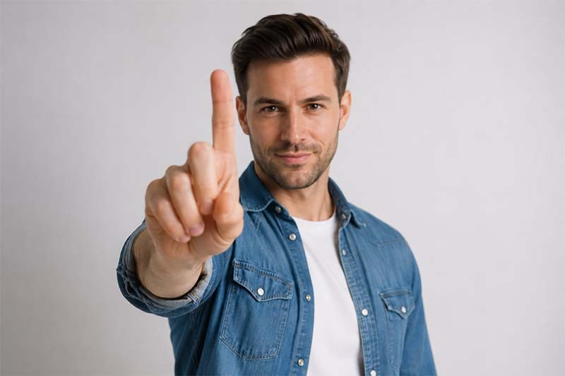 Confident man with raised index finger Confident man with raised index finger