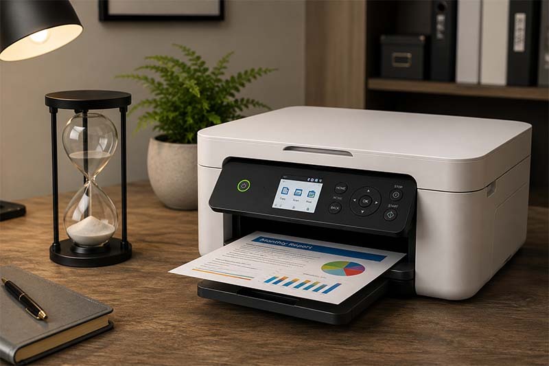 Cozy home office workspace with printer Cozy home office workspace with printer