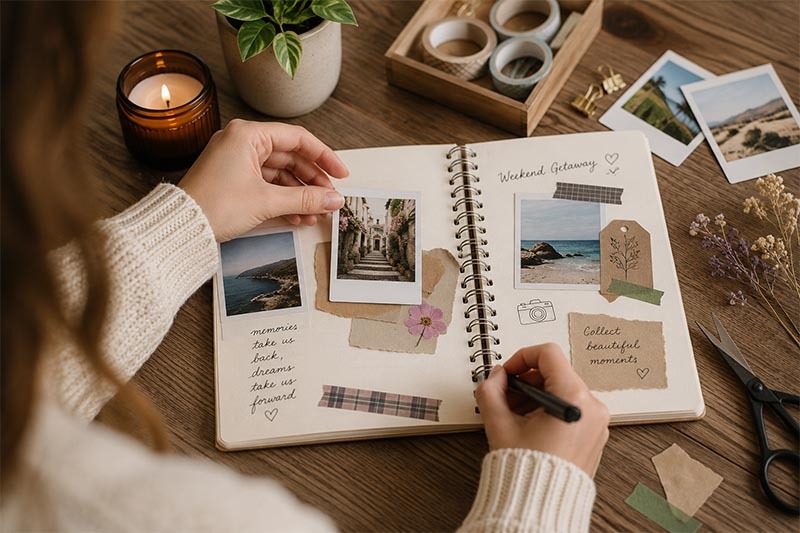 Scrapbooking memories on a cozy table