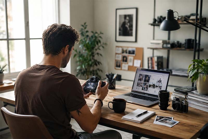 Creative workspace with photography gear