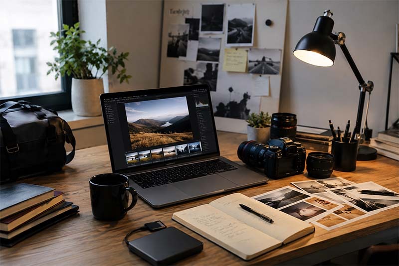 Creative workspace with photography gear