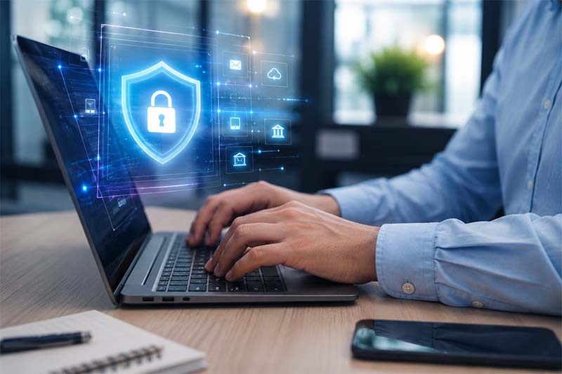 Cybersecurity workspace with glowing UI