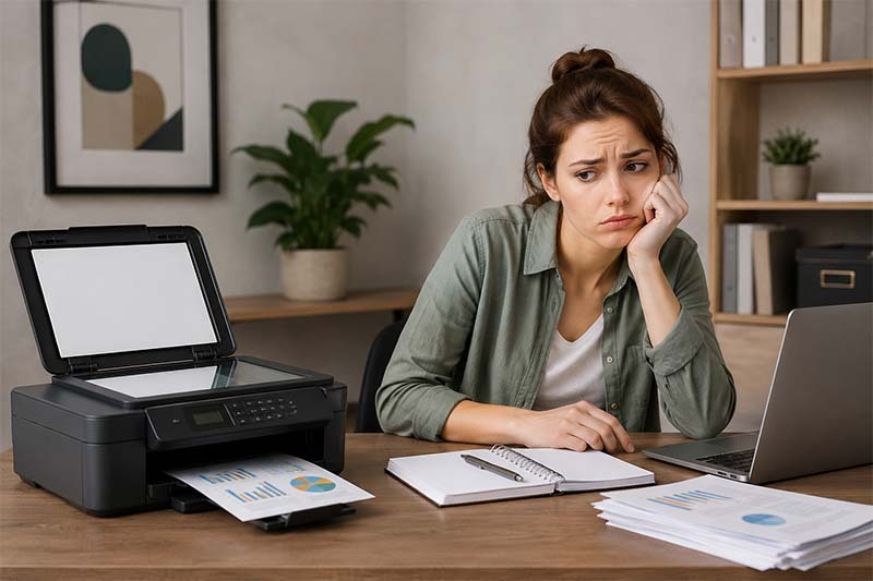 Frustrated office work with paperwork and tech