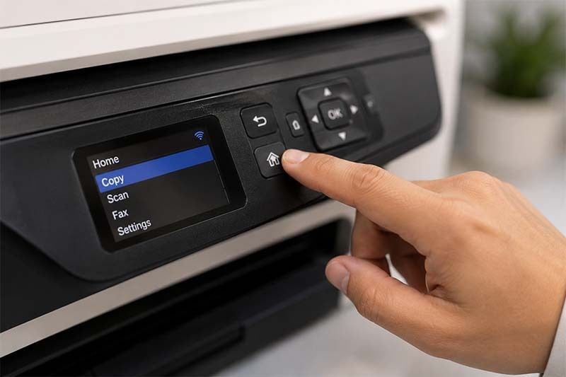 Hand on office printer control panel