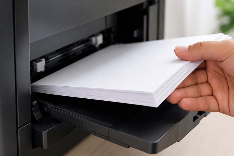 Hand placing paper in office printer