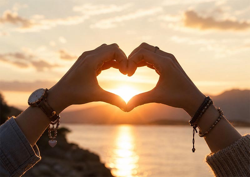 Heart-shaped sunset silhouette over calm waters