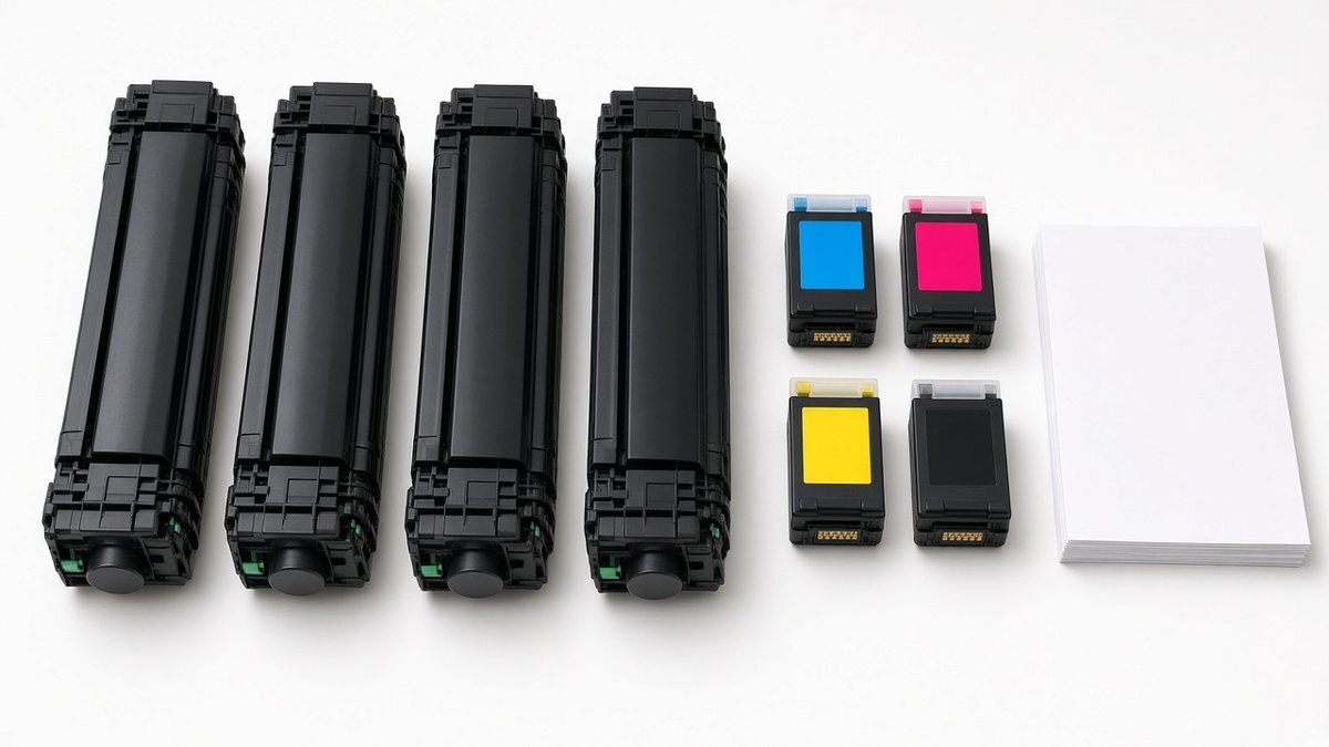 Black toner cartridges and cyan, magenta, yellow and black ink cartridges laid out on a white table beside a stack of paper