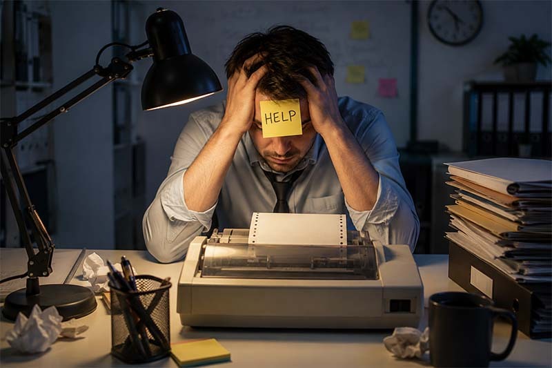 Late-night office frustration