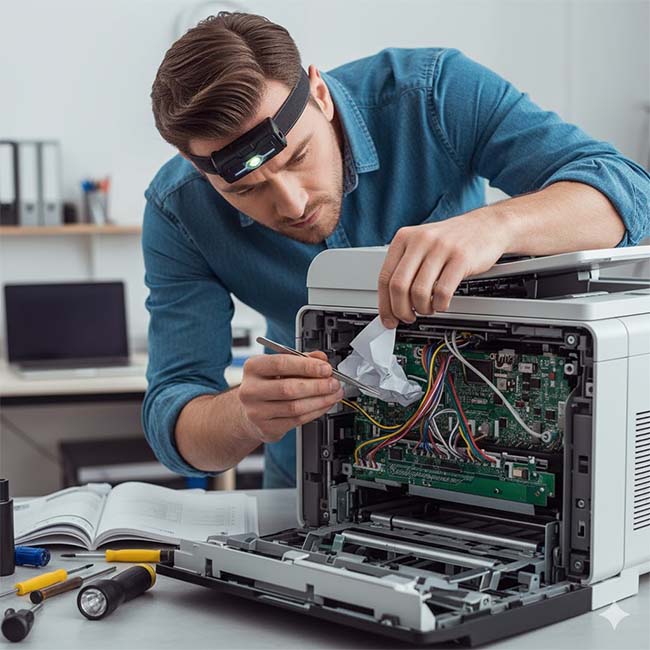 Man fixing printer