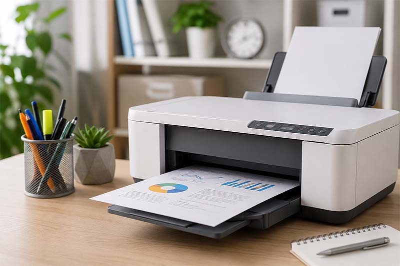 Modern home office with printer in focus