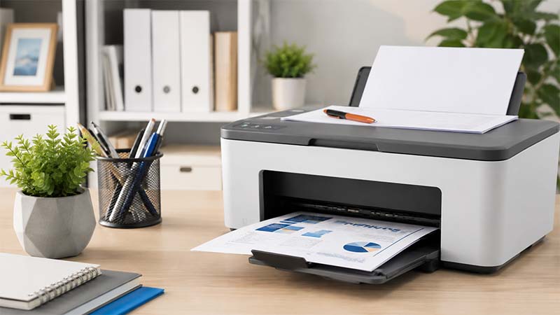 Modern office desk with printer and charts