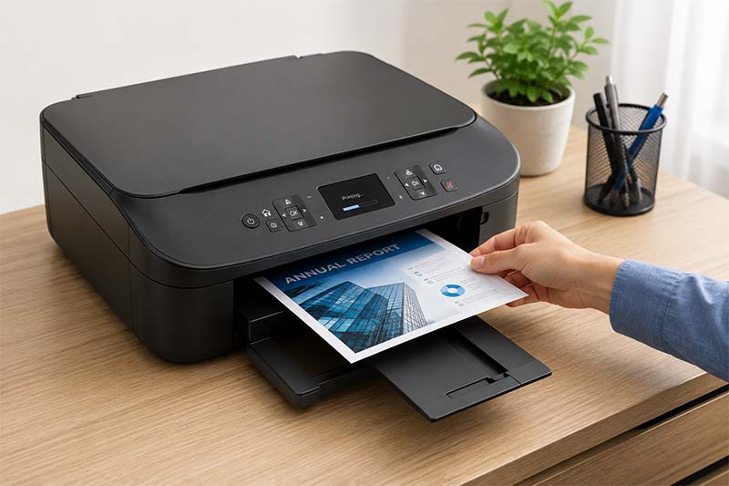 Modern office printer with printed report Modern office printer with printed report