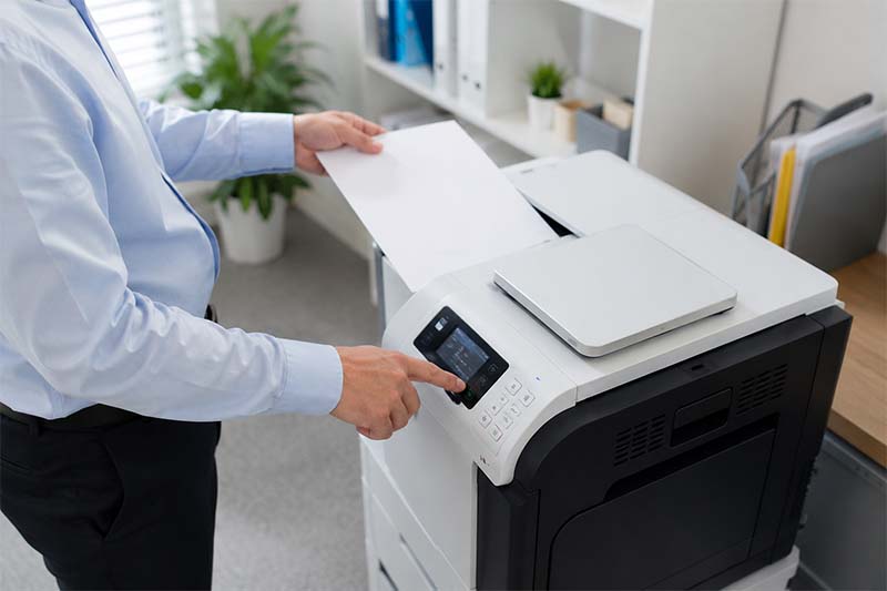 Modern office workspace and printer use