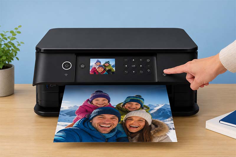 Modern printer with family photo printout