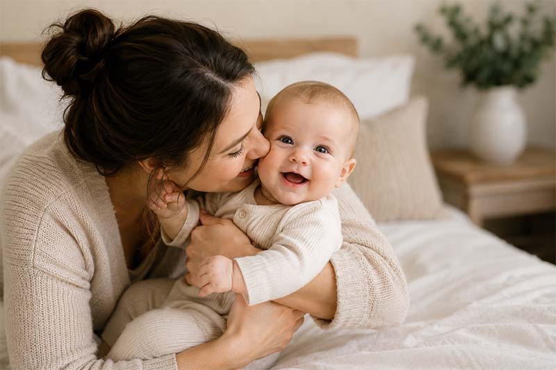 Mother kissing her baby