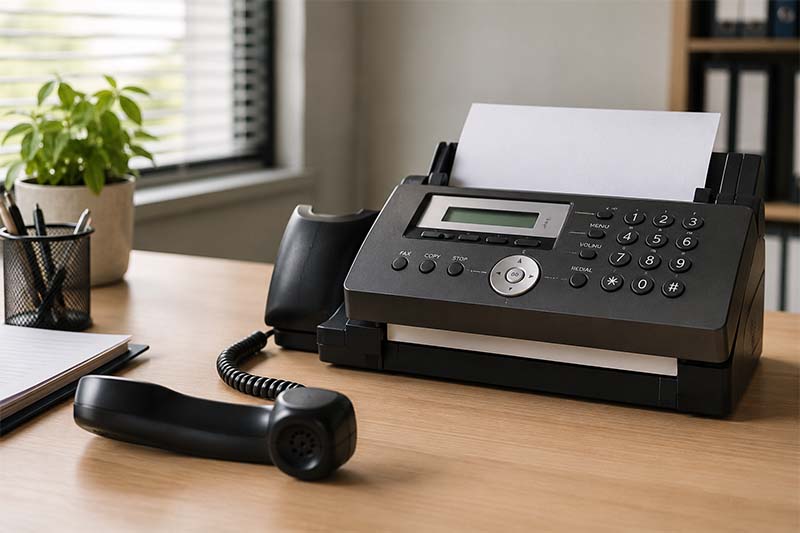 Neat office desk with fax machine Neat office desk with fax machine