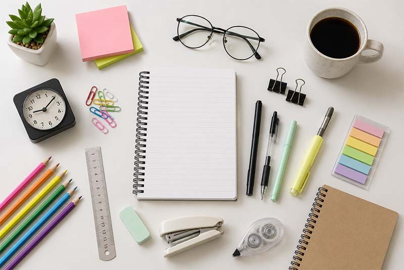 Organized desk essentials in soft tones