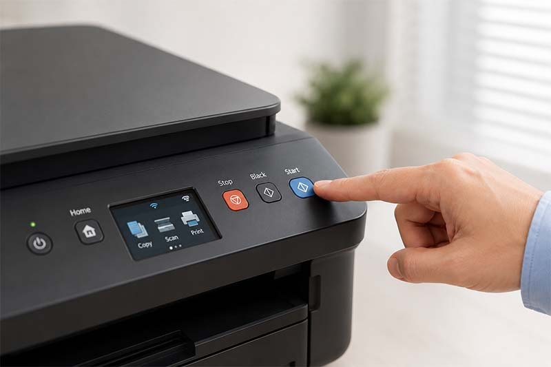 Pressing start on the printer
