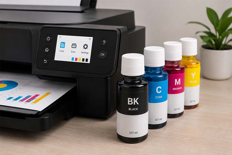 Printer and ink setup on desk