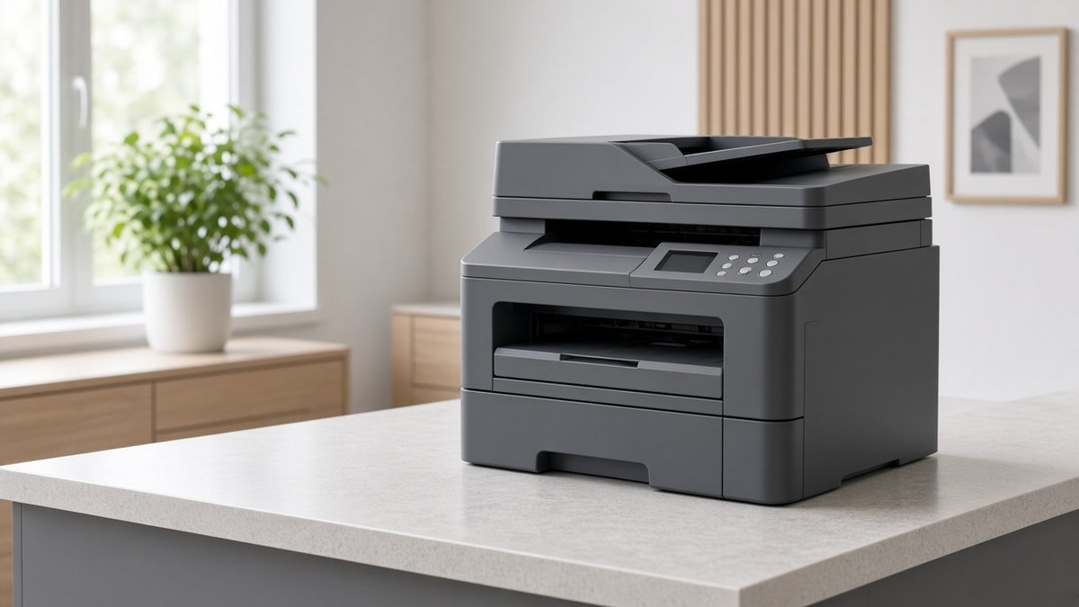 Gray laser all-in-one printer with a document feeder on a bright small-office front desk