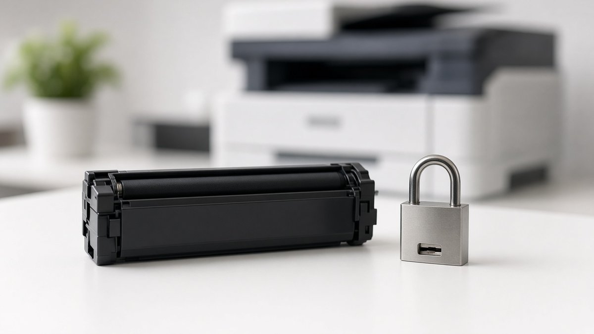 Toner cartridge next to a closed padlock on a white desk, with a printer in the background