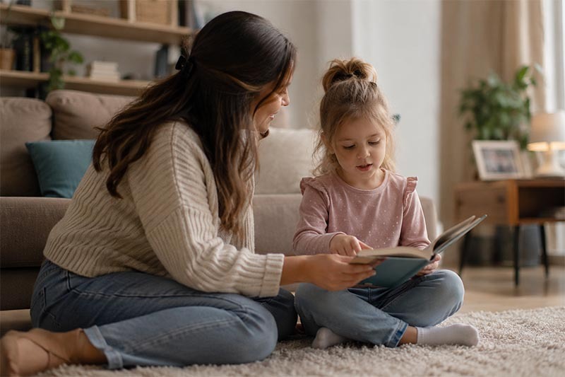 Reading together in a cozy living room