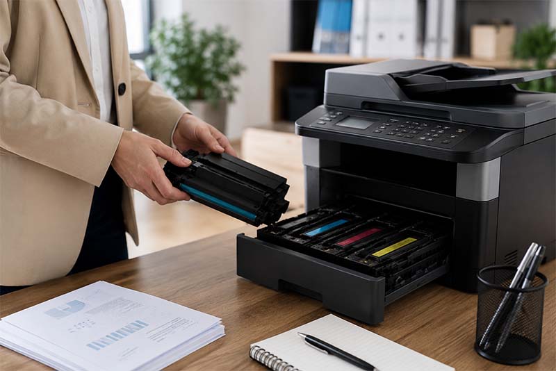 Replacing toner in a modern office printer