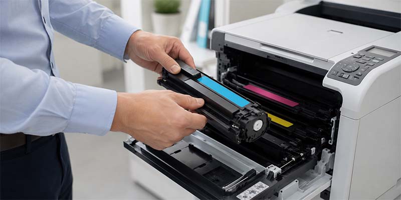 Replacing toner in an office printer Replacing toner in an office printer