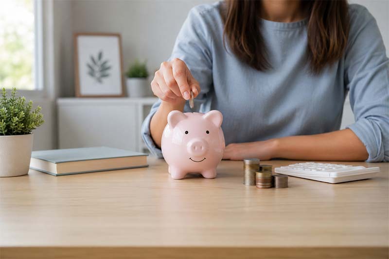 Saving coins at a tidy desk