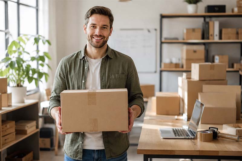 Smiling worker in modern packing space