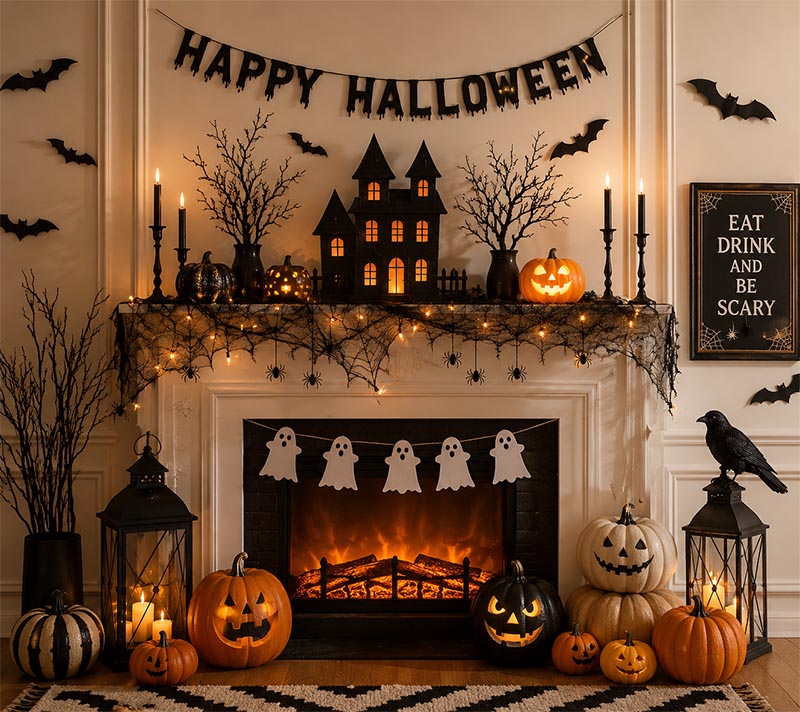 Spooky Halloween mantle decor scene