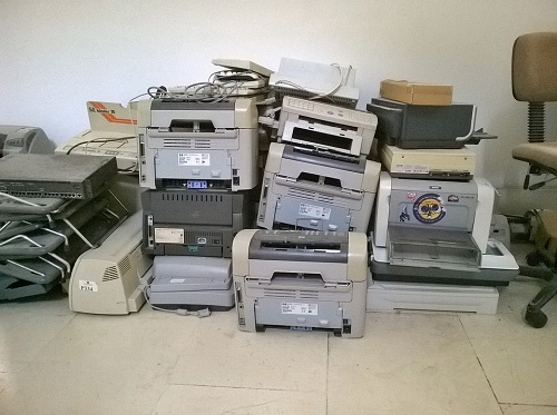 stack of wired printers