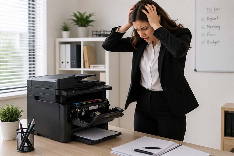 Stressed woman in a modern office