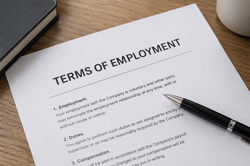 Terms of employment document on desk