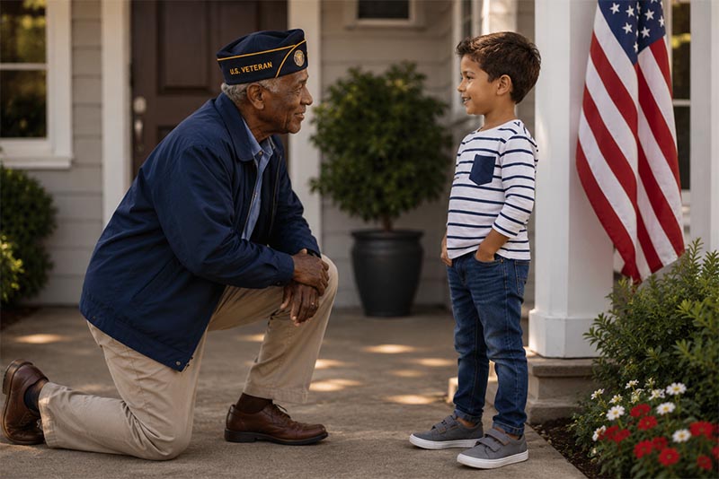 Veteran speaks with young boy on porch
