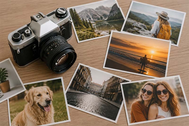 Vintage camera and memories on wood