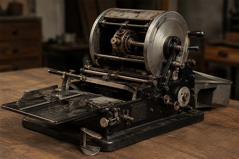 Vintage industrial machine on wooden table