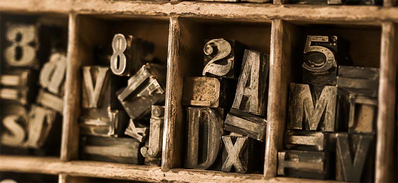 Vintage letterpress type blocks close-up