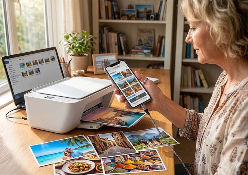 Woman printing photos from her smart phone Woman printing photos from her smart phone