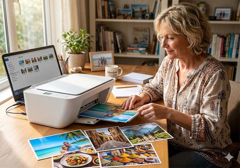 Woman printing vacation photos Woman printing vacation photos