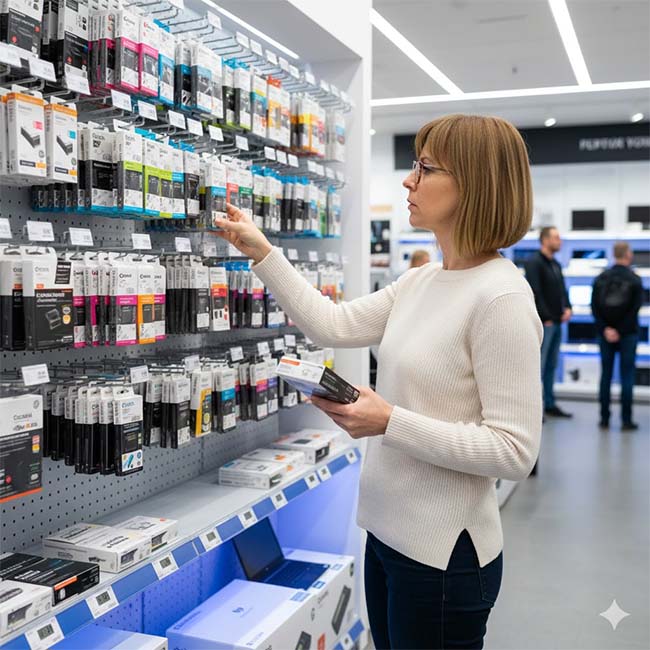 Woman shopping for ink cartridges