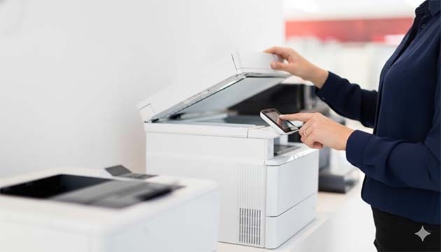 Woman using a laser printer Woman using a laser printer